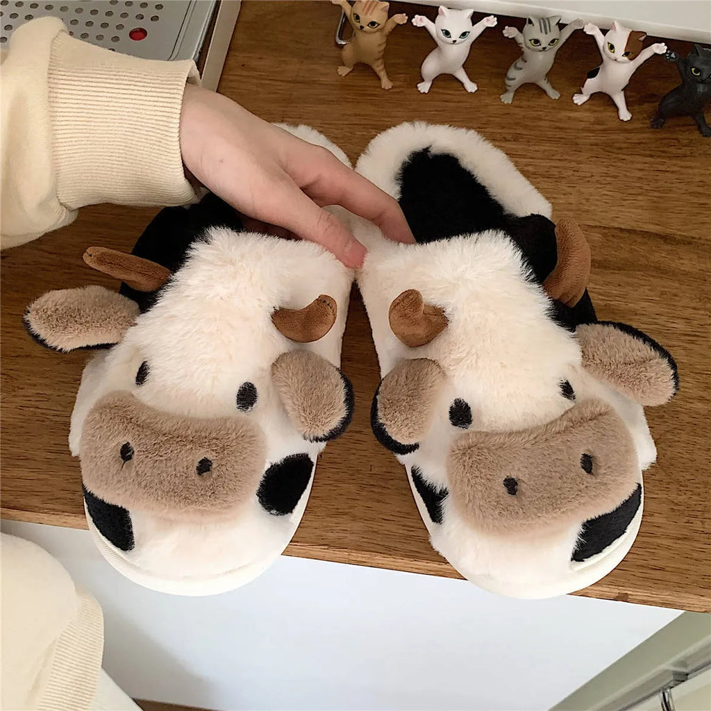 Women's white cartoon cow slippers with fluffy faux fur and anti-slip textured soles