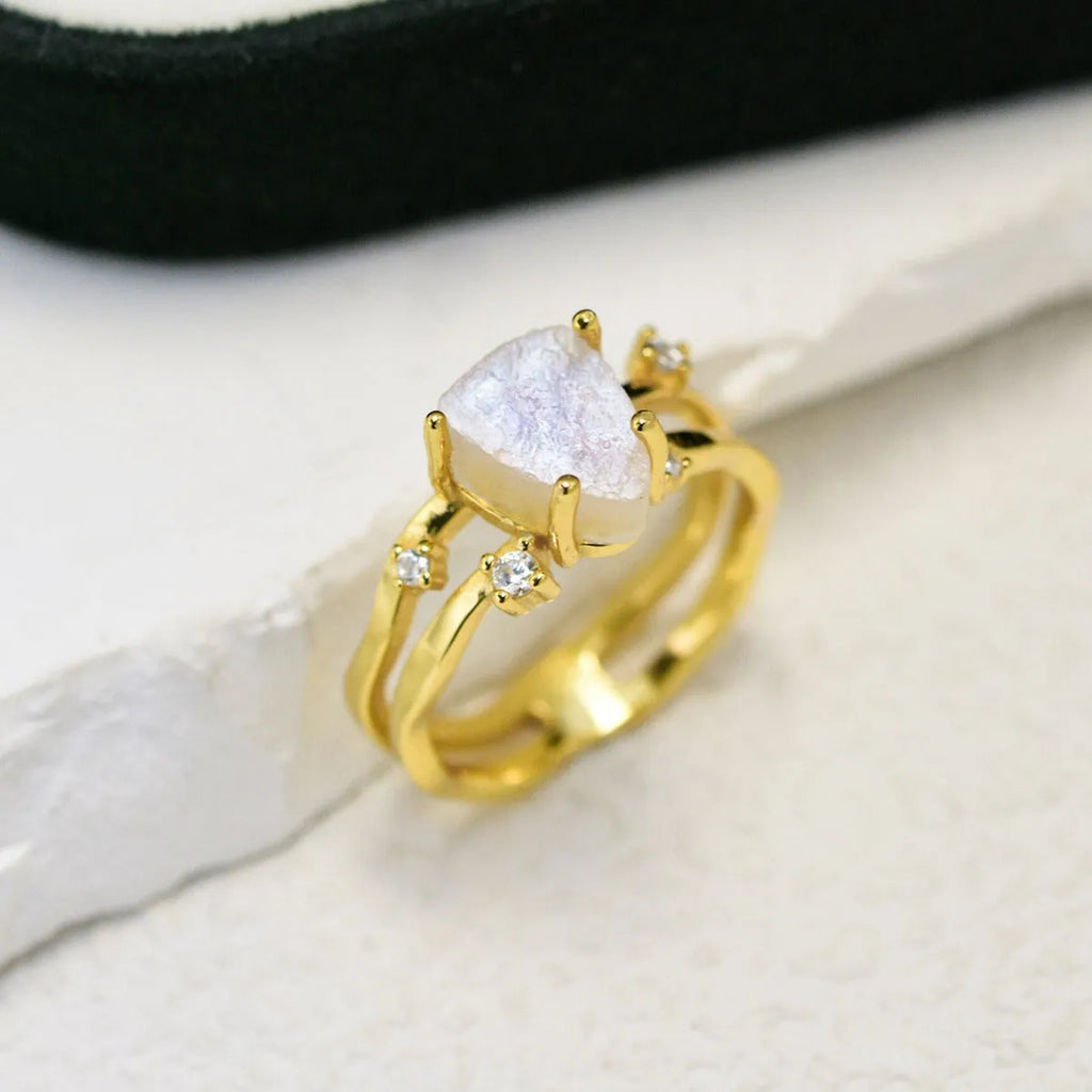 S925 sterling silver triangle moonstone ring with geometric design and electroplated gold finish options