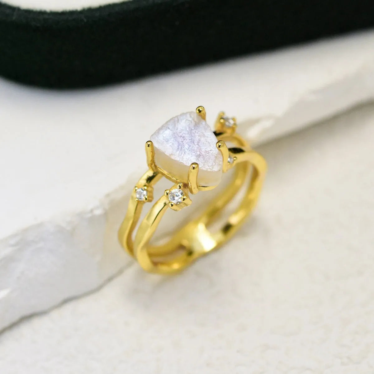 S925 sterling silver triangle moonstone ring with geometric design and electroplated gold finish options