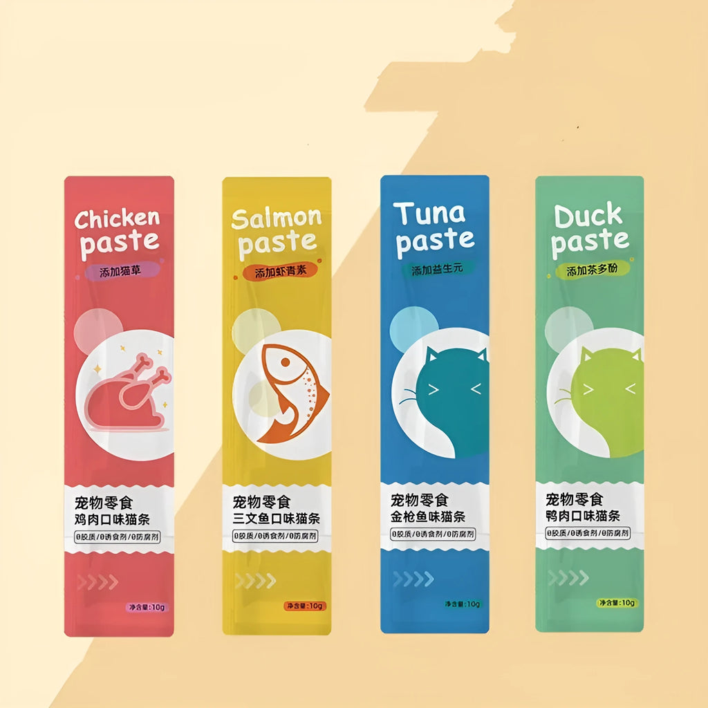 Pack of kitten cat strip snacks showing four flavour options in 10-piece packaging