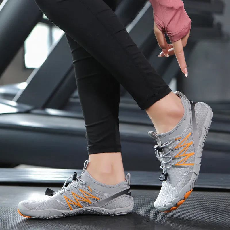 Indoor fitness training sneakers with striped pattern, mesh lining, and non-slip rubber soles in multiple colour options