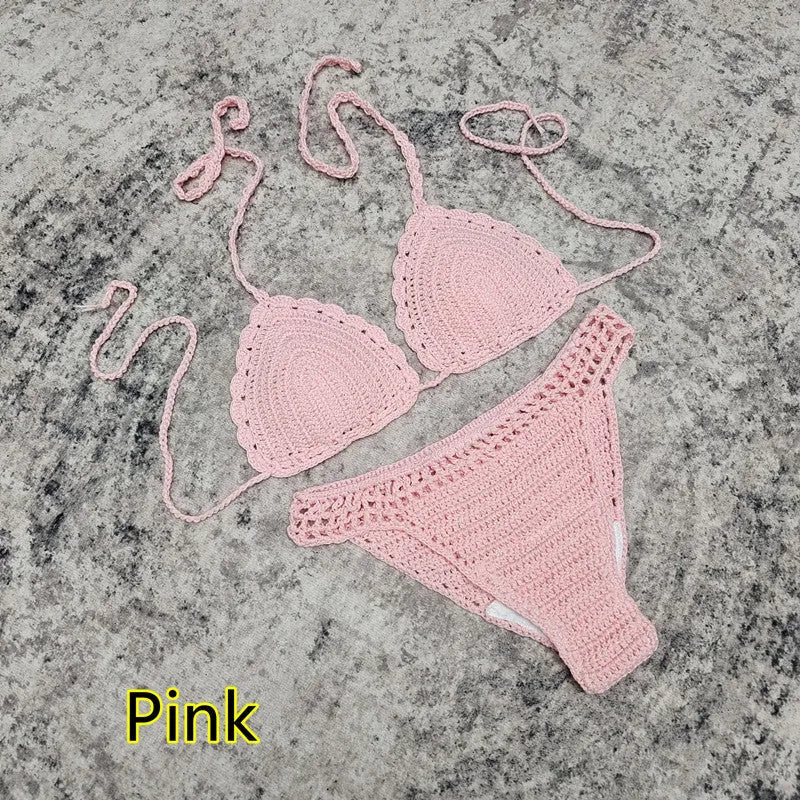 Women's handmade crochet bikini set with matching beach skirt in a solid colour.