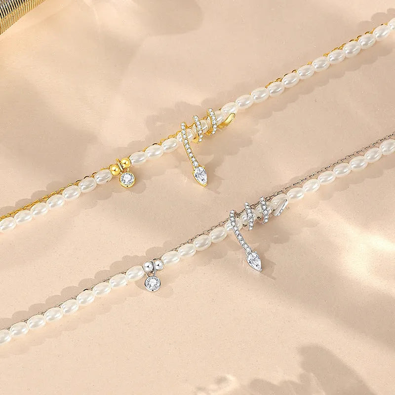 925 silver pearl snake bracelet with geometric design in gold or white gold colour