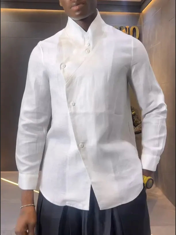 White asymmetric front women's shirt with black pleated trousers casual set