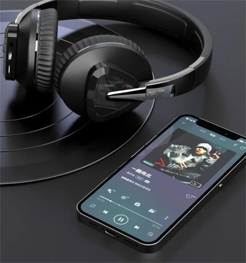 Wireless over-ear headset with Bluetooth connectivity showing AUX jack and TF card slot in multiple colour options
