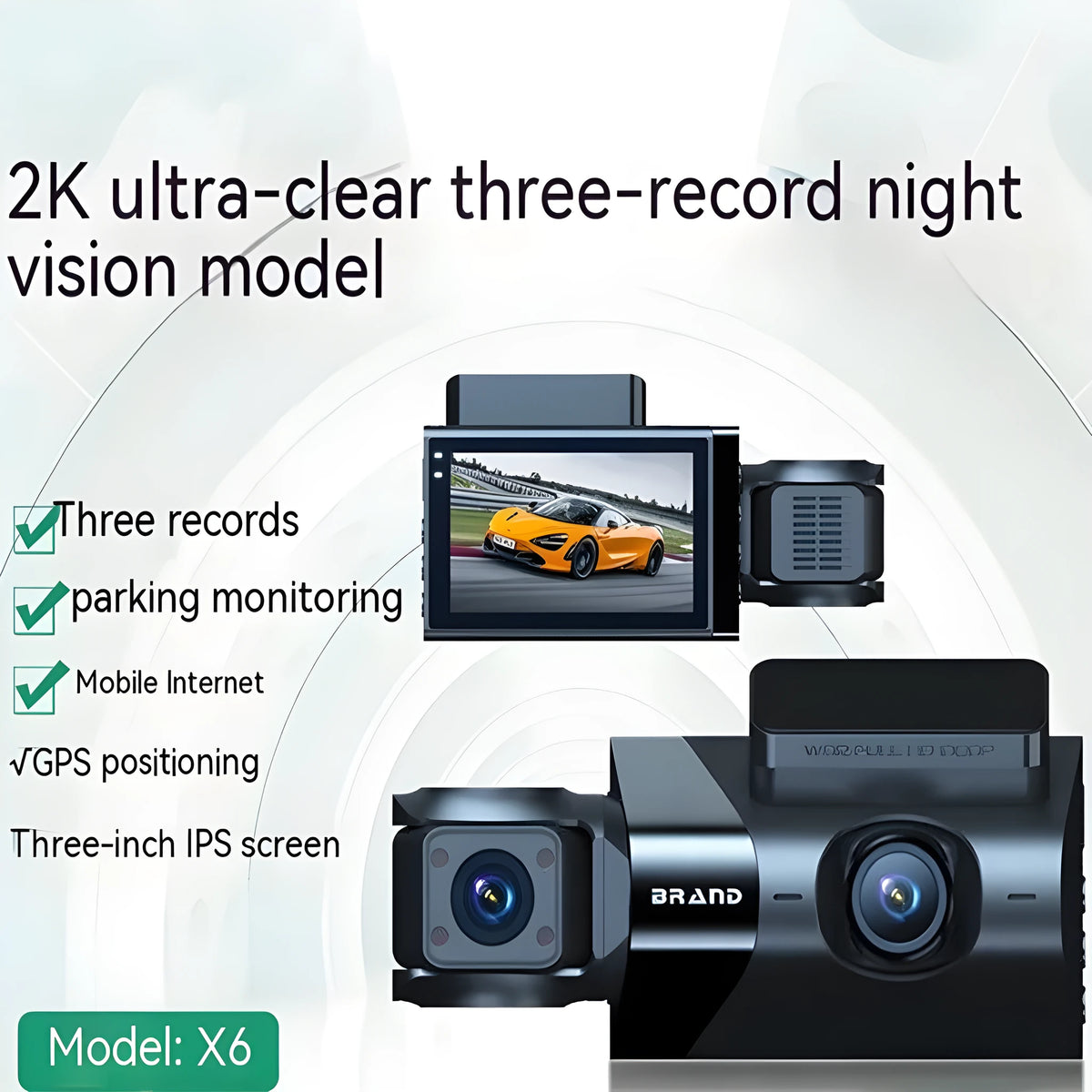 Black car dashboard camera with 5-inch screen on a windshield bracket.