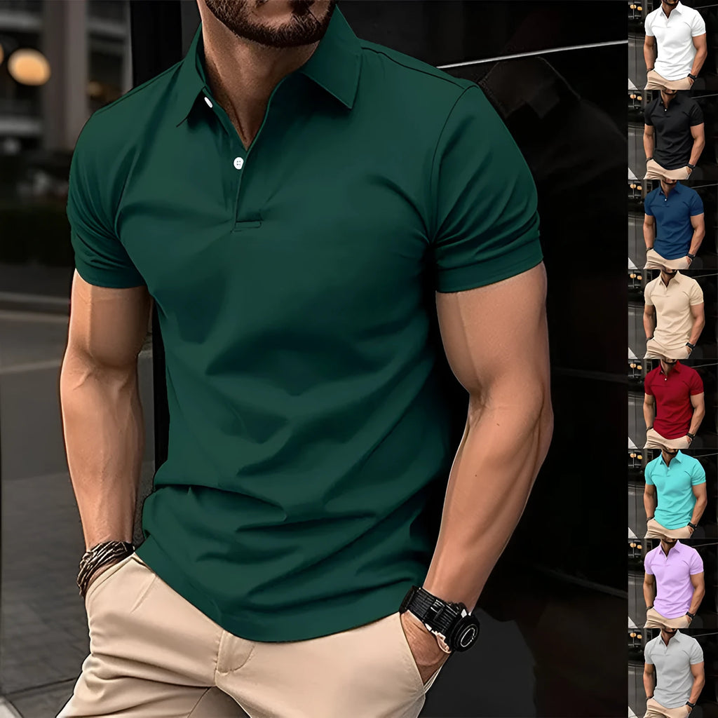 Men's solid colour short sleeve polo shirt with button lapel in a cotton-mix fabric.