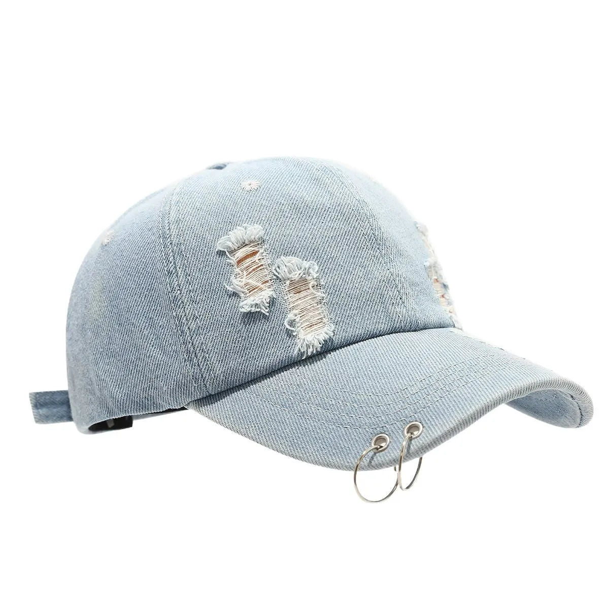 Men's adjustable denim peaked cap with dome crown in black, white, or light blue jeans colours