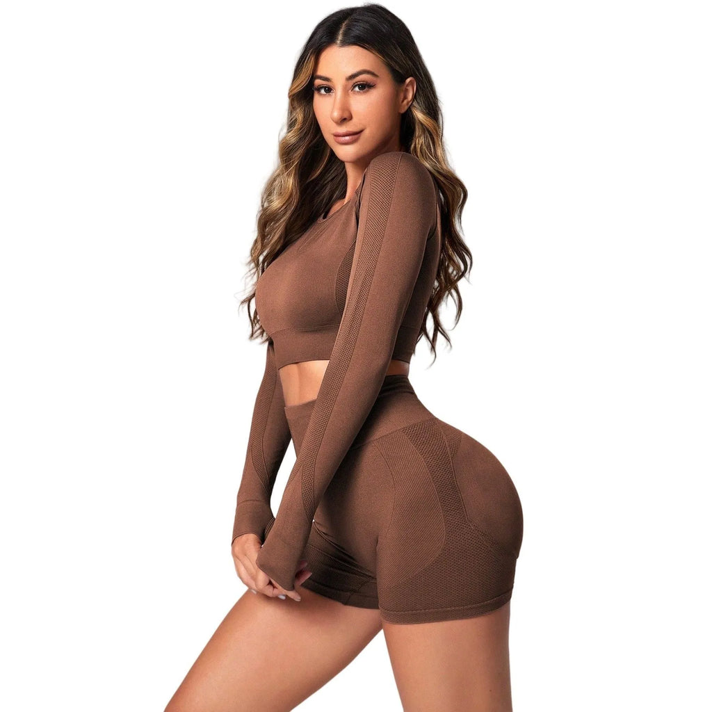 Women's black high waist yoga suit set with long sleeve top and trousers for fitness