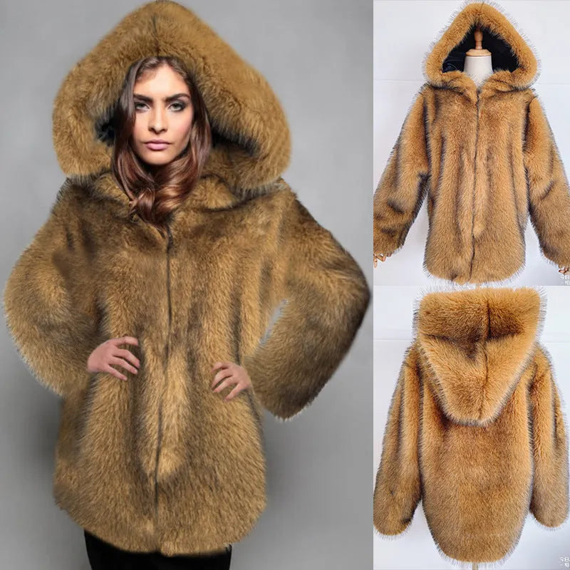 Women's silver grey artificial fur coat with medium-length loose design and regular sleeves