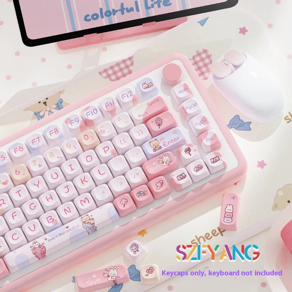 Sweet Cotton Candy coloured PBT keycap set for mechanical keyboards in its box.