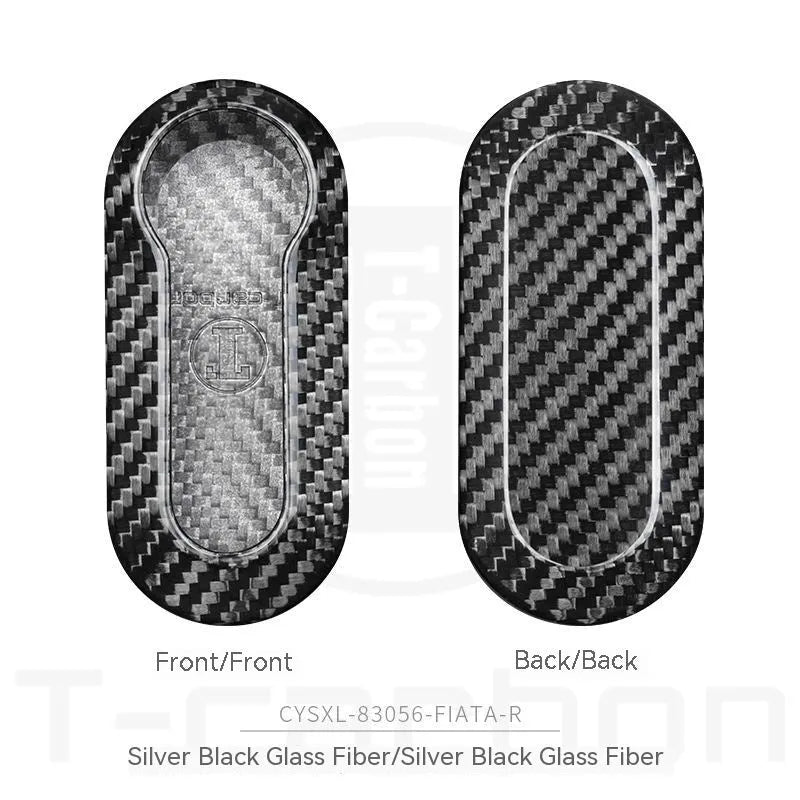 Carbon fibre and glass fibre replacement shell for a car key fob in black, red, and silver black finishes.