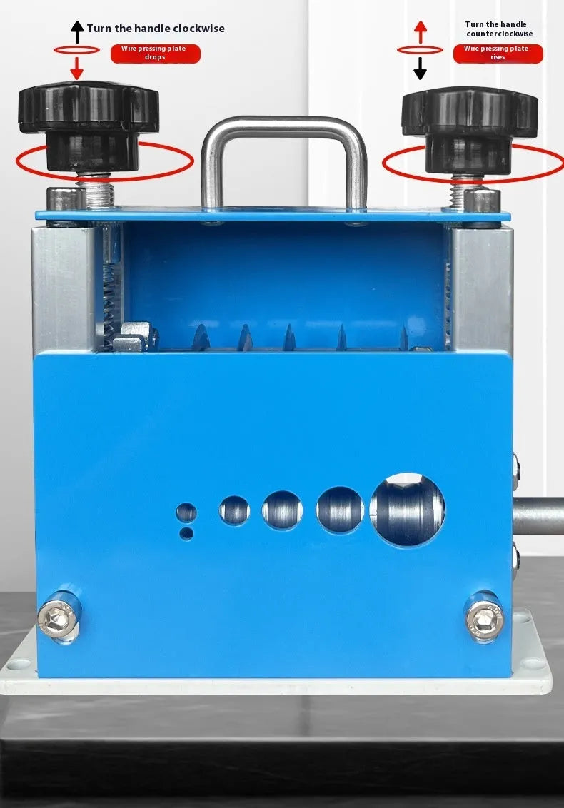 SD-017 manual wire stripping machine showing compact design and adjustable diameter openings 0.5-17mm