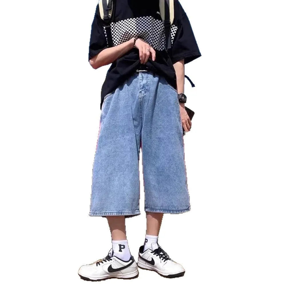 Men's blue washed denim pirate shorts with high waist and cropped straight-leg design