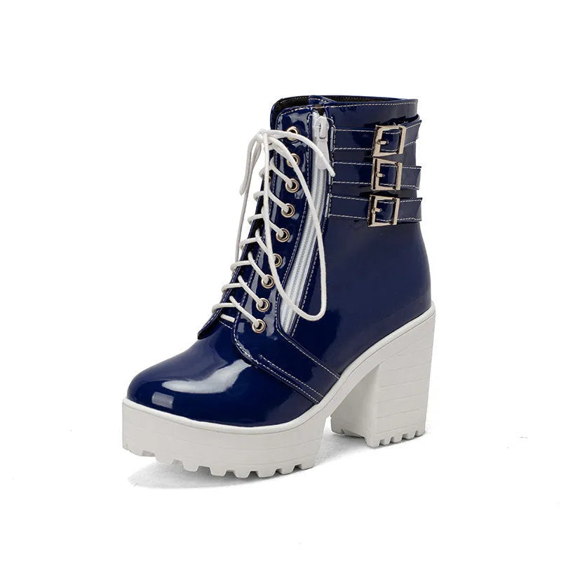 Women's black thick-heeled ankle boots with round toe and front lace-up design