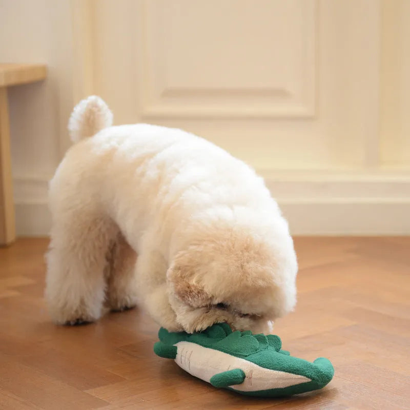 Green soft plush toy dog on white background, showing its 35 cm size.