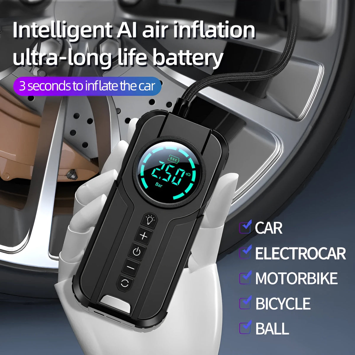 Wireless portable car tyre inflator with digital display, 6000mAh battery, and universal nozzles in carry case