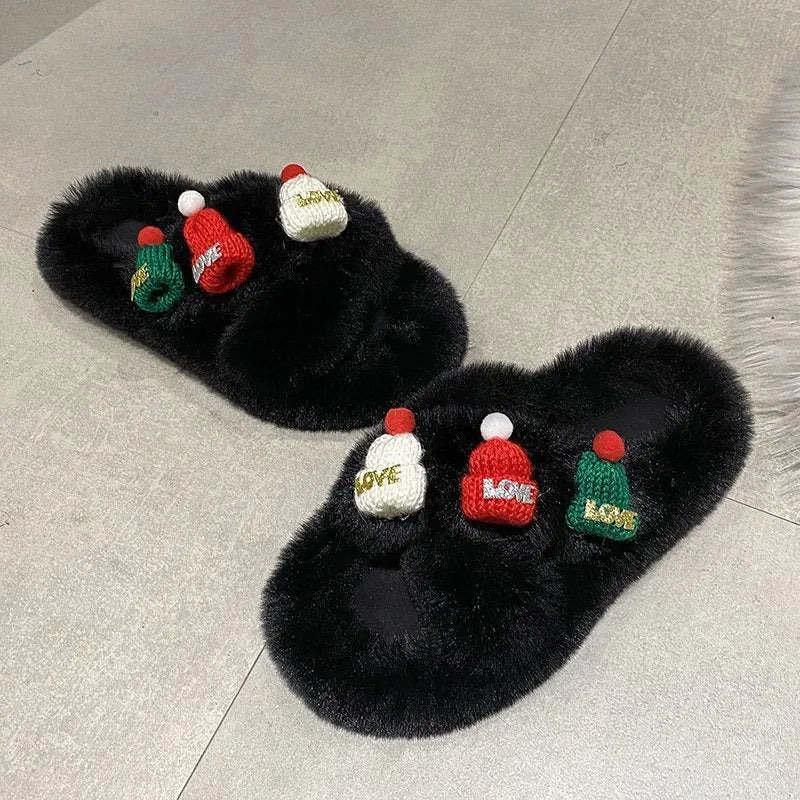 Women's Christmas hat slippers in faux plush with rubber sole, shown in black, khaki, and white.