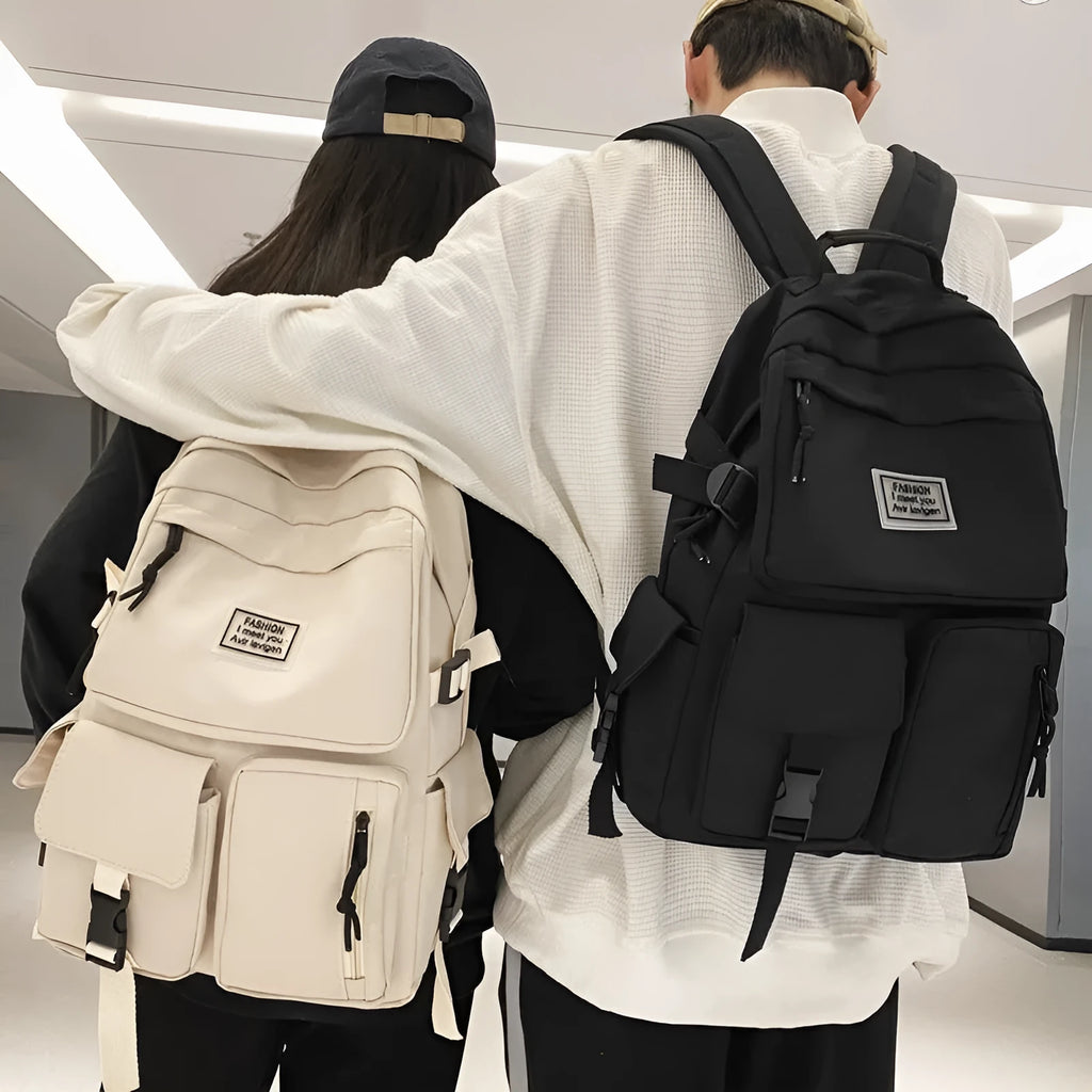 Nylon student backpack with computer compartment in black and white colour options