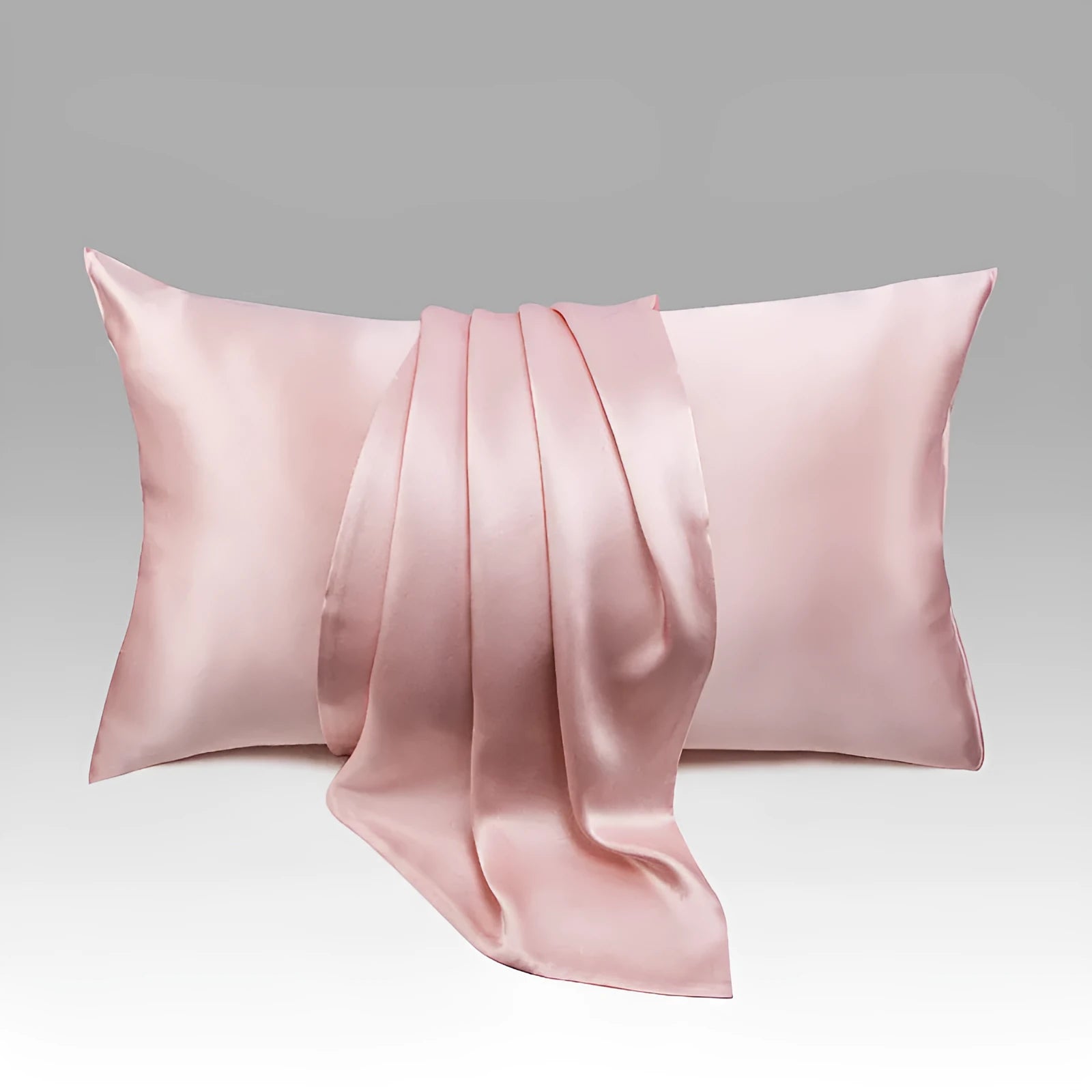 Dark grey envelope-style silk pillowcase laid flat, showing its size and solid colour.
