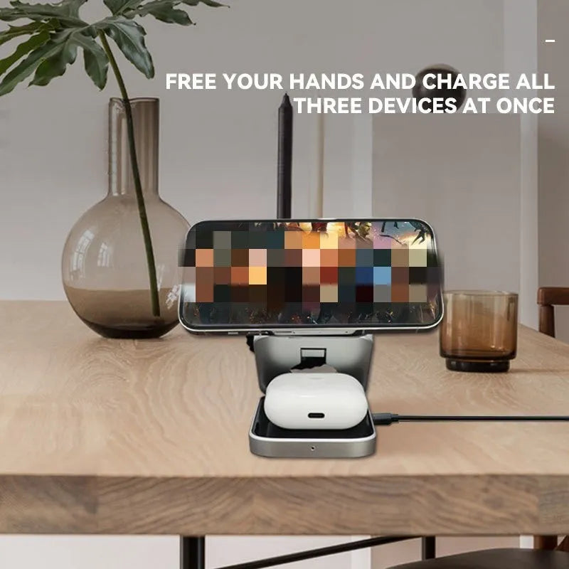 Folding three-in-one desktop wireless charging bracket with cable and magnetic ring