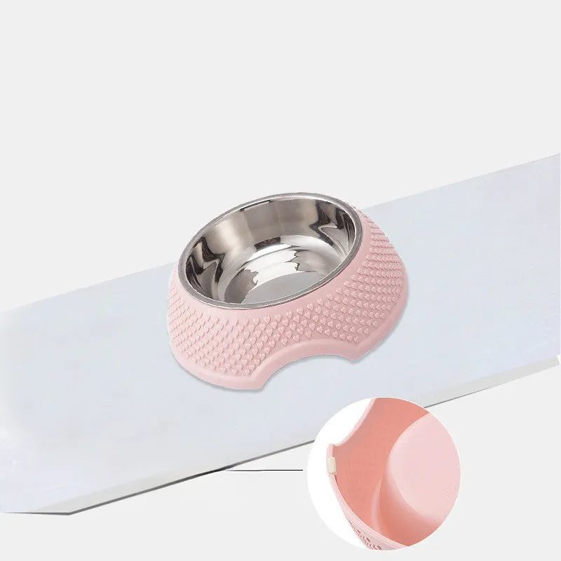 Stainless steel pet bowl with weighted non-slip base in blue, green, or pink colours