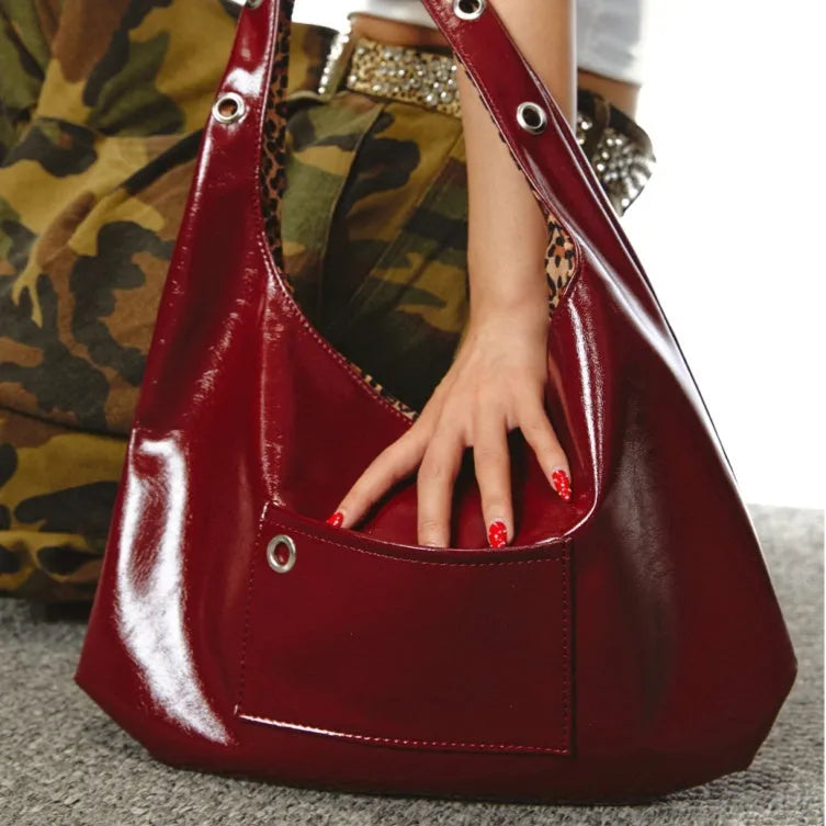 Red leopard print women's shoulder bag with retro dumpling shape and two-side design