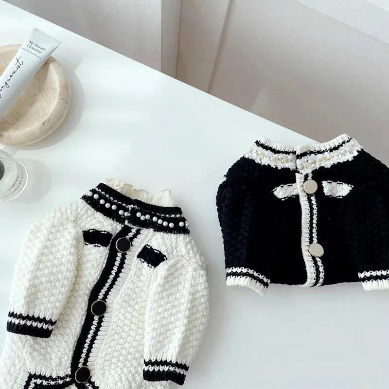 Korean style white dog sweater with pearl collar on small puppy showing princess design details