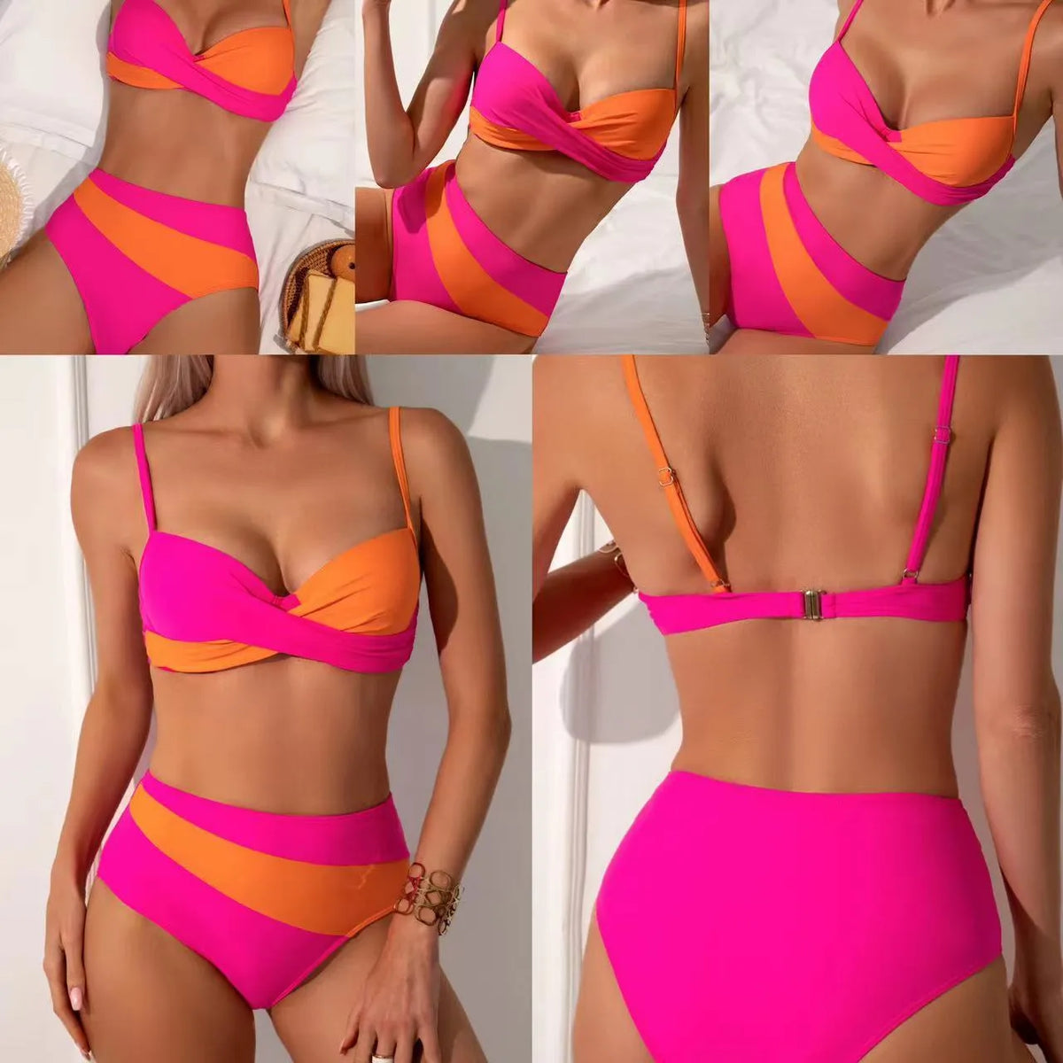 Women's orange split bikini swimwear with steel bracket design on bikini top