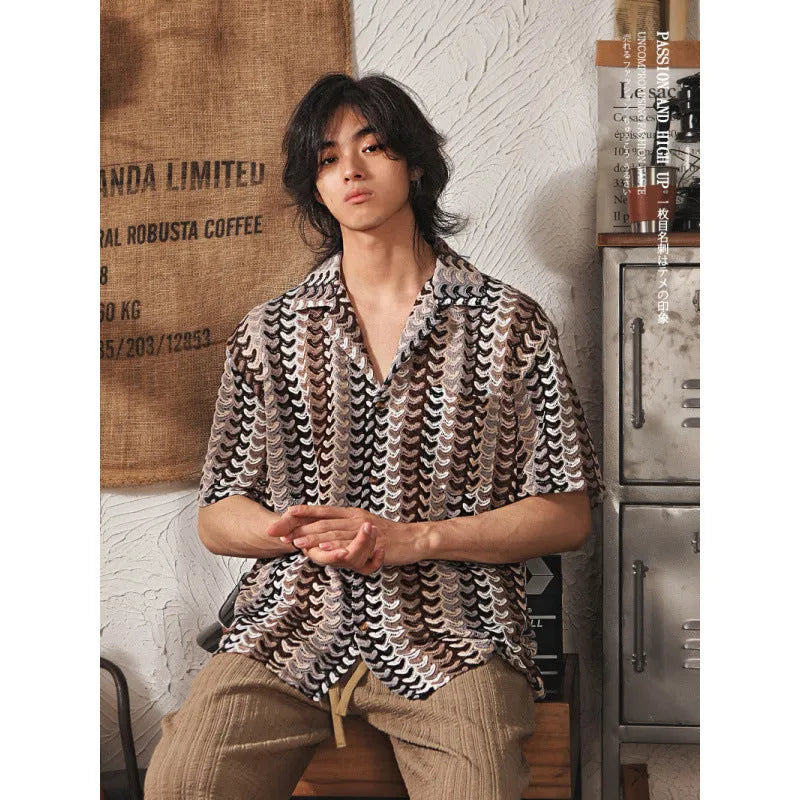 Grey Japanese style men's short sleeve shirt with a Cuban collar and jacquard pattern.