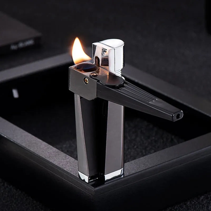 Silver foldable metal pipe lighter shown open, revealing lighter mechanism and small storage compartment.