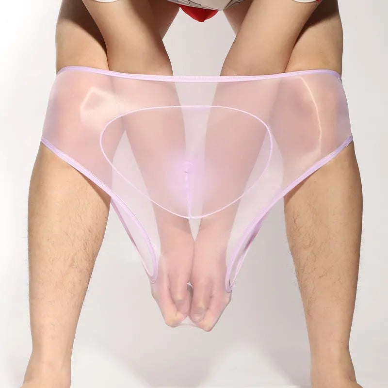 Men's ultra-thin silky nylon briefs in various colours showing bullet separation and traceless design.