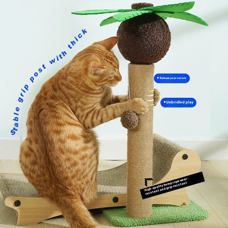 Wooden beach chair designed for cats, featuring a climbing frame, integrated scratch board, and hemp mat.