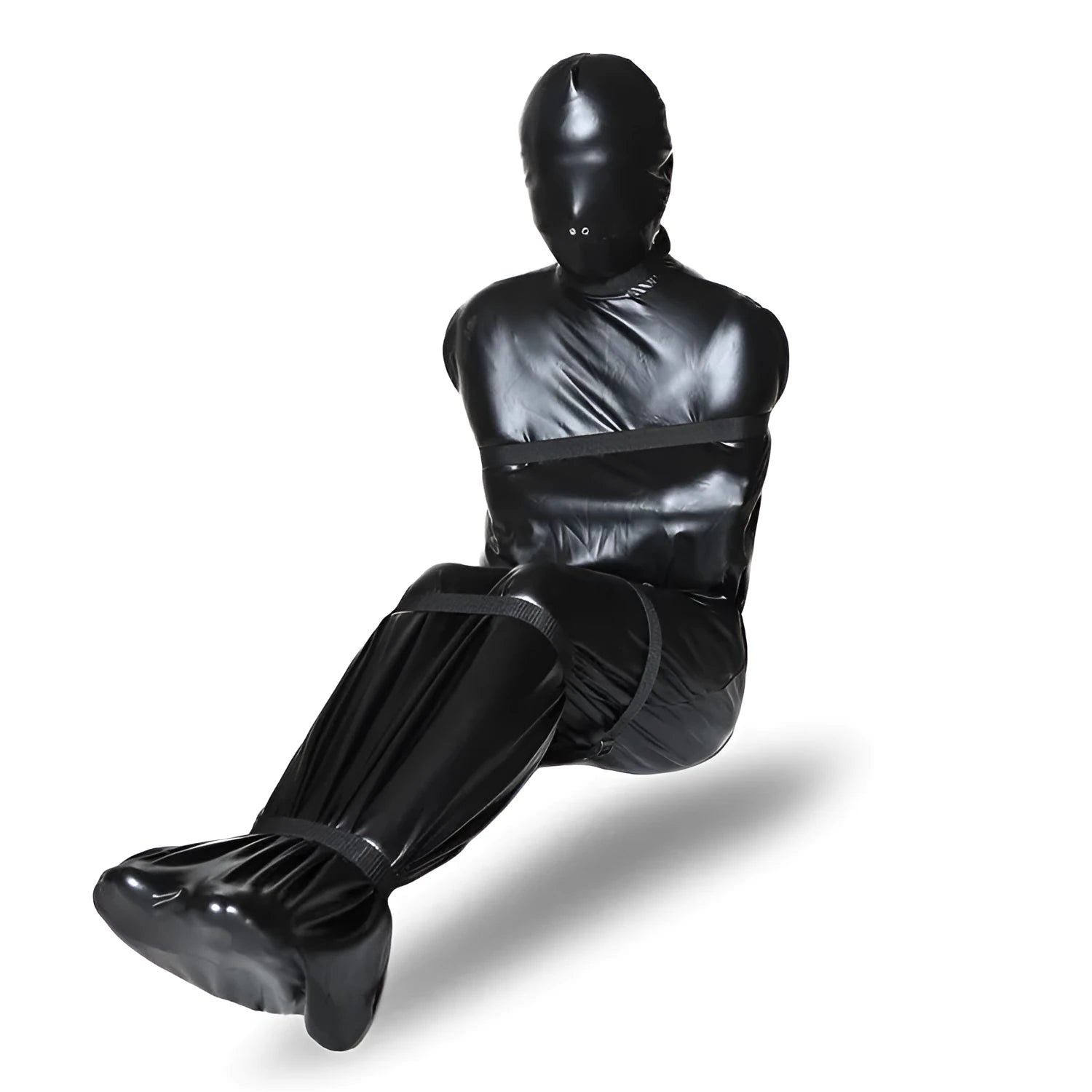 Black patent leather bondage set with full body wrap and six ratcheting tie down straps