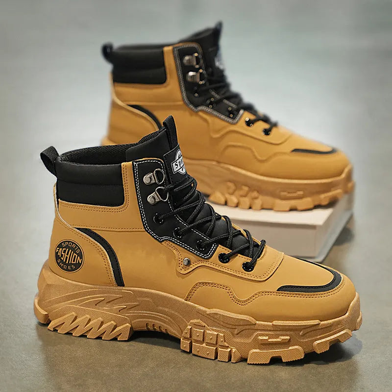 Men's yellow and black Martin high-top work boots with artificial PU upper and stout heel