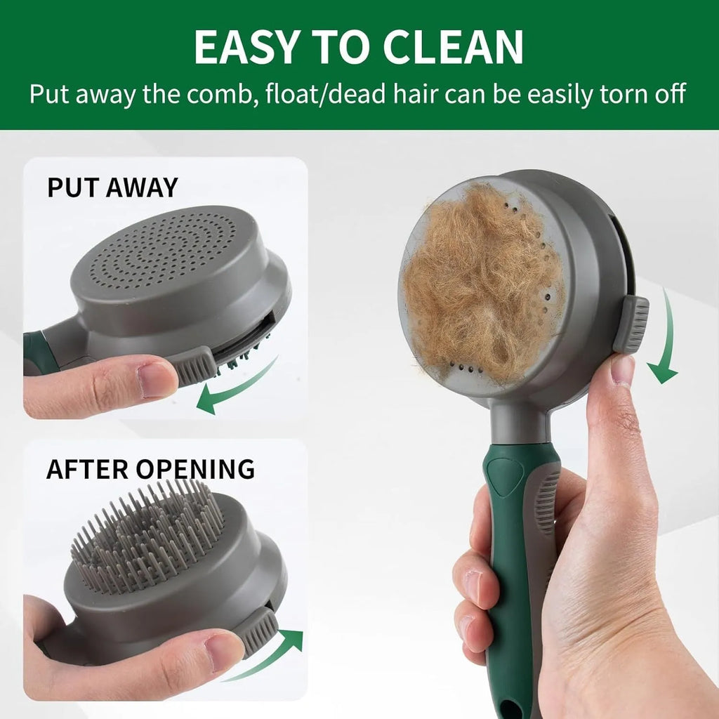 Green two-sided silicone pet brush with retractable slicker pins and a silicone massager head.