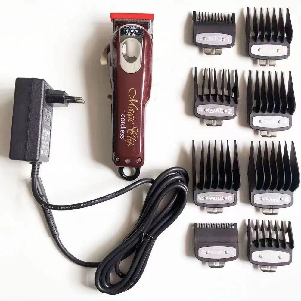 Charging hair clipper with stainless steel cutter head on a white background.