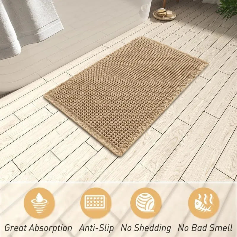 Square checkered-pattern bathroom floor carpet on tiles, showing non-slip texture and available colour options.