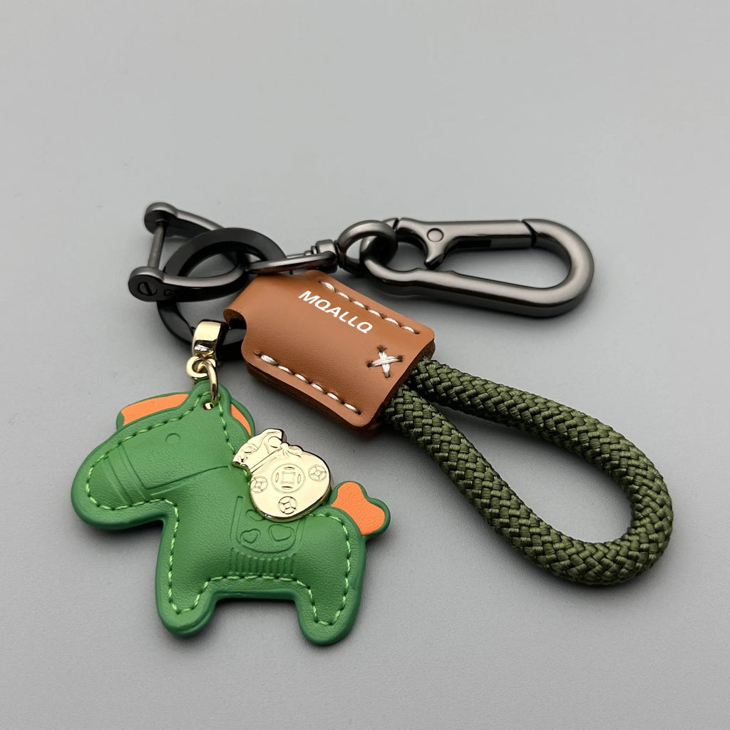Handmade cowhide leather key ring pendant with zinc alloy pony buckle and coloured flanelle rope.