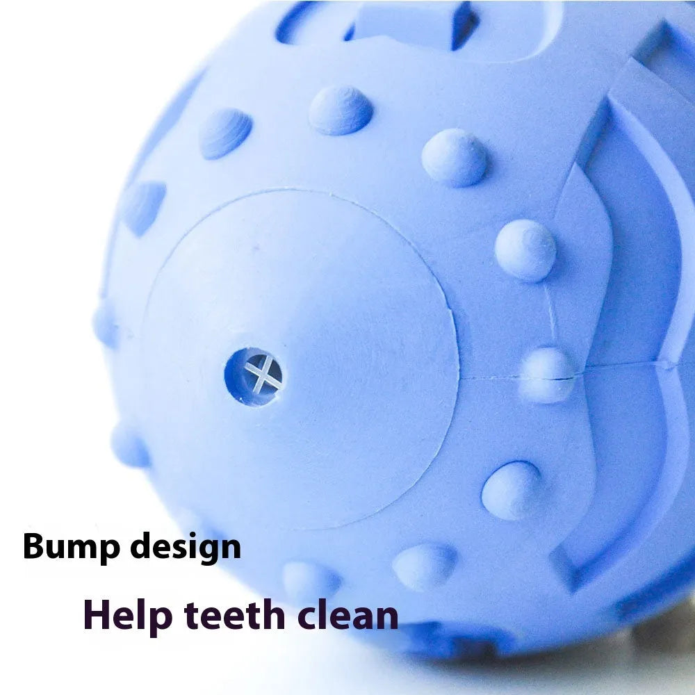 Sapphire blue rubber rugby ball dog toy with bite-resistant thickened construction.