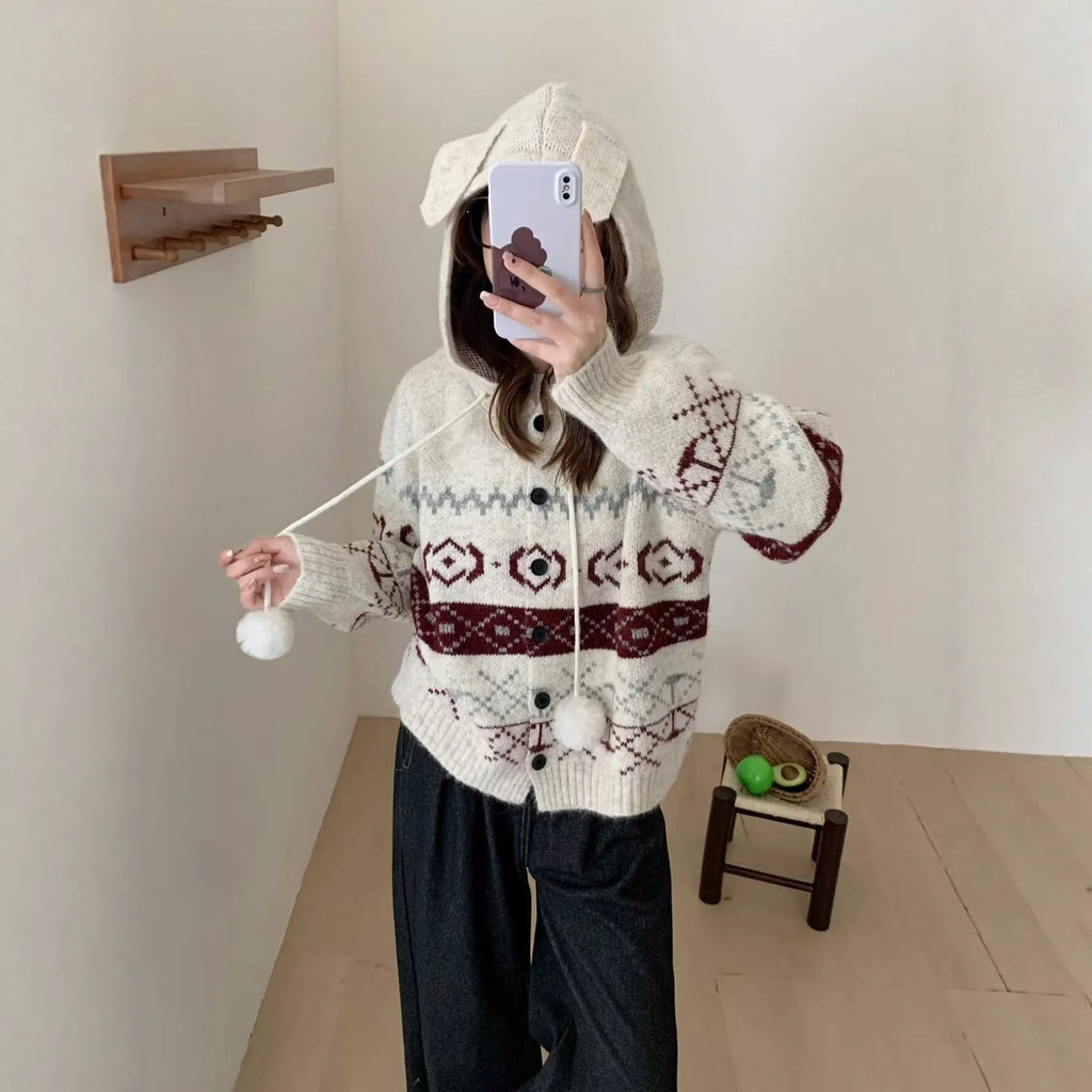 Plus size loose brocade sweater coat with geometric pattern in milky white colour