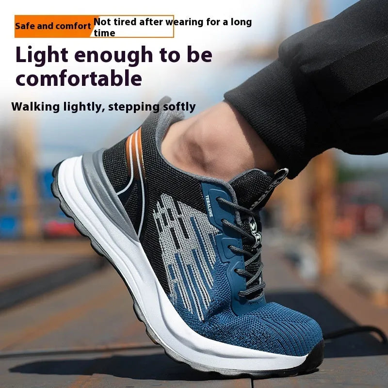 Blue men's lightweight safety work shoes with plastic toe caps and breathable mesh upper