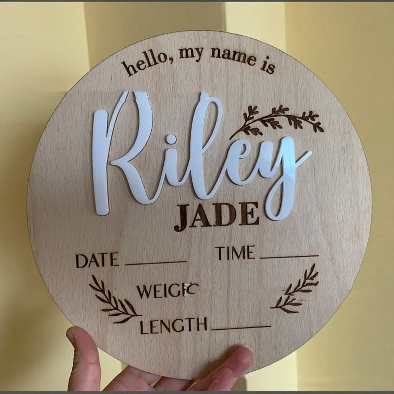 Square wooden name plate for newborn showing birth details and surname, 15cm.