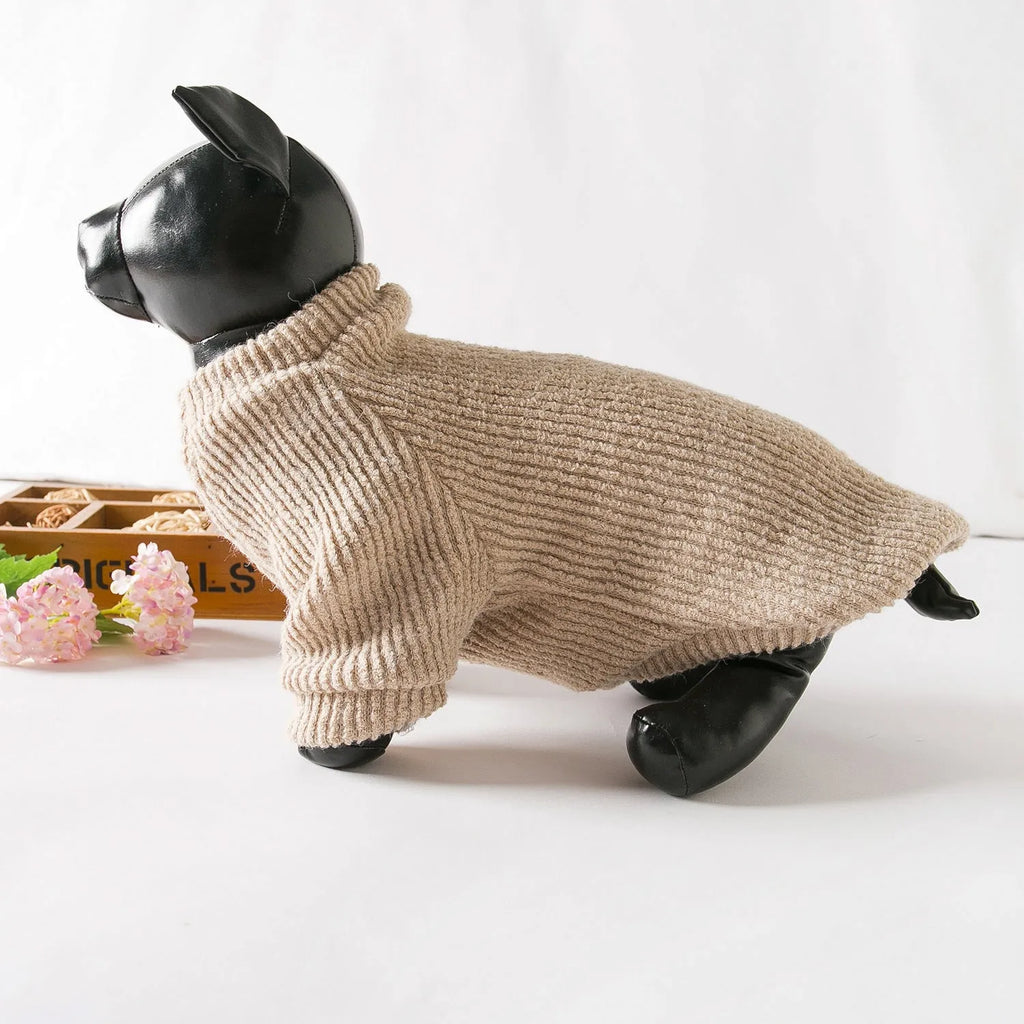 Brown cloth pullover sweater on small dog showing casual style and size fit