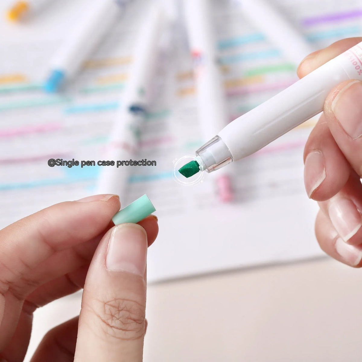 Boxed set of six fluorescent highlighter pens with plastic shells and oblique heads in three colour options