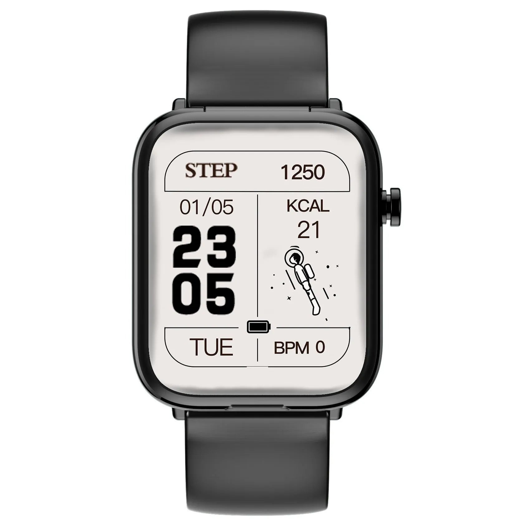 Black zinc alloy Bluetooth smartwatch with a 1.69-inch touchscreen on a wrist, next to its magnetic charging case.