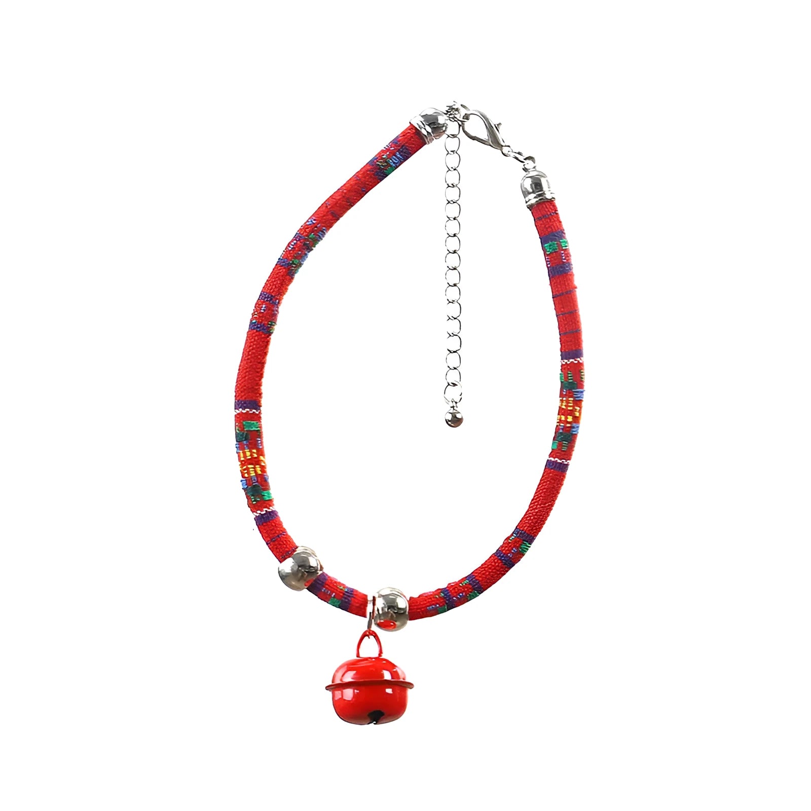 Coloured adjustable nylon pet collar with ethnic pattern, plastic quick-release buckle, and small bell.