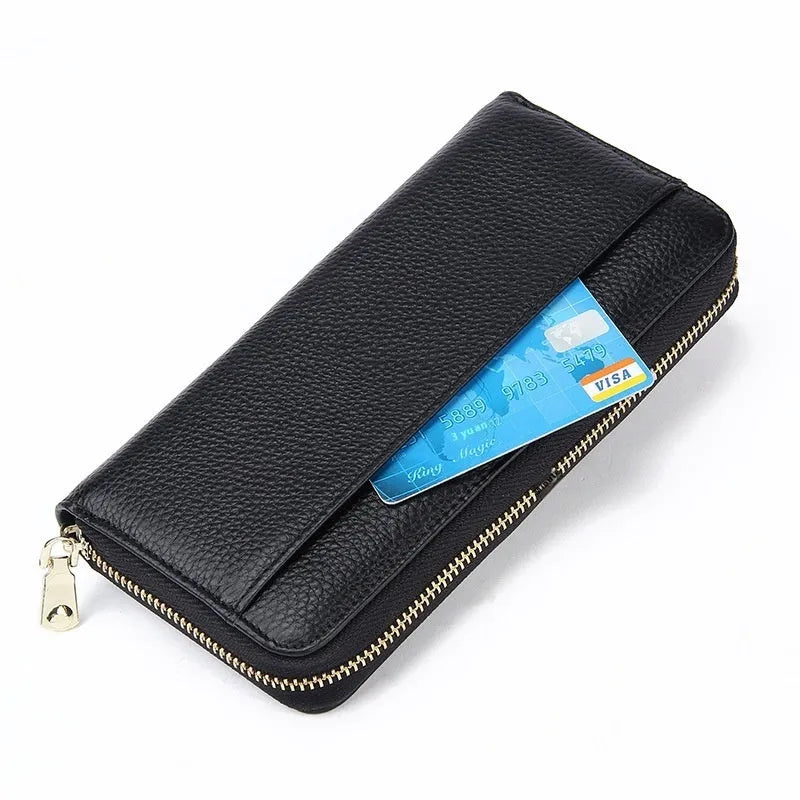 Genuine leather women's wallet in various colours showing high capacity design with anti-theft card protection