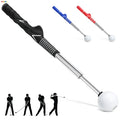 Telescopic golf swing simulator in stainless steel, shown in black, blue, and red colour options.