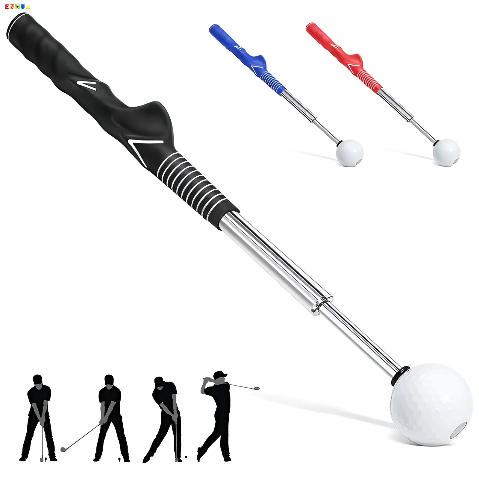 Telescopic golf swing simulator in stainless steel, shown in black, blue, and red colour options.